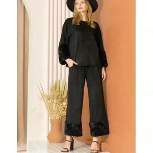 NWT Joh. Amal Faux Stretch Suede‎ Pants Faux Fur Cuffs Black XL Whimsy